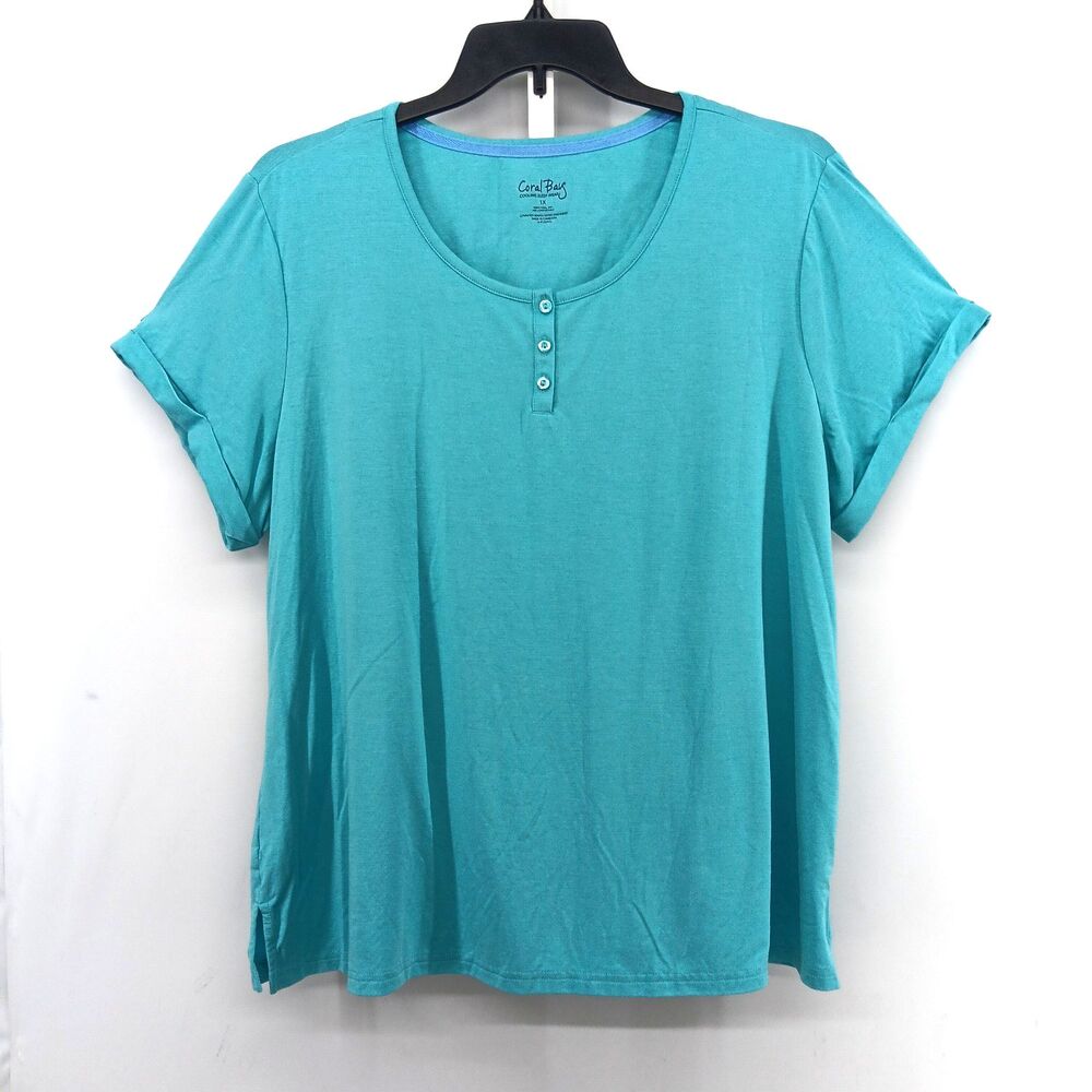 Coral Bay Cooling Sleepwear Shirt Women Size 1X Teal Short Sleeve Henley Top